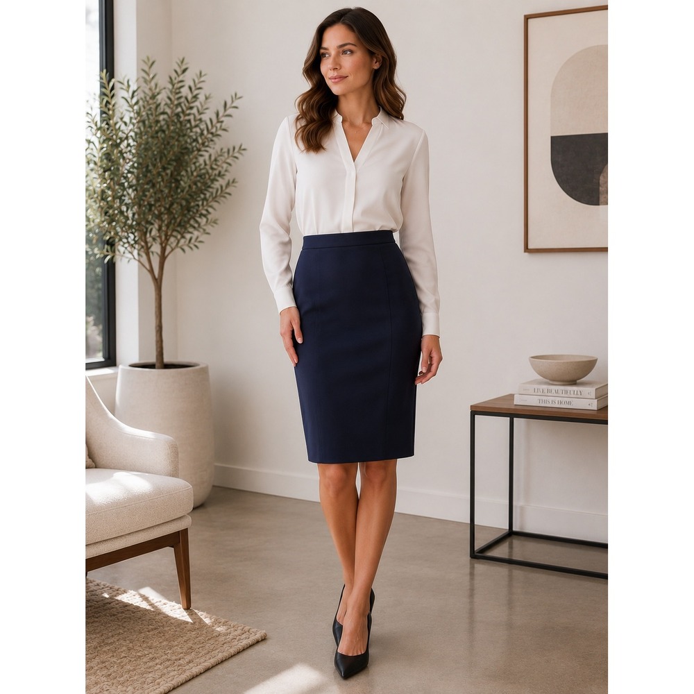 Paul Stanley Navy Blue 100% Wool Pencil Skirt Midi Professional Size 10 Vintage